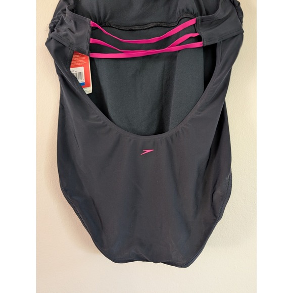 NWT Speedo Women's XL Black‎ Halter One Piece Swimsuit Pink Trim Open Back - Picture 6 of 9